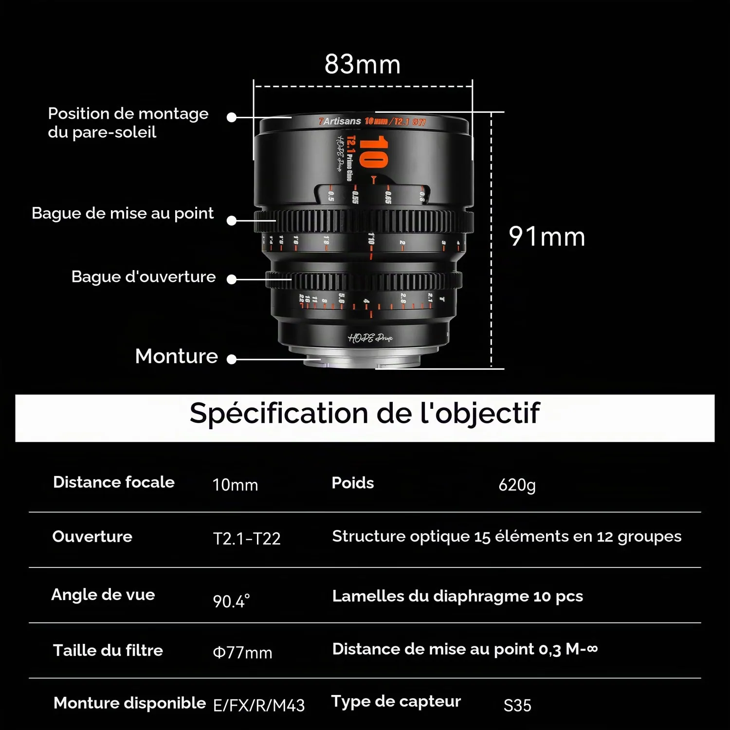7Artisans Hope 10mm T2.1 objectif cinéma Sony E S35 noir