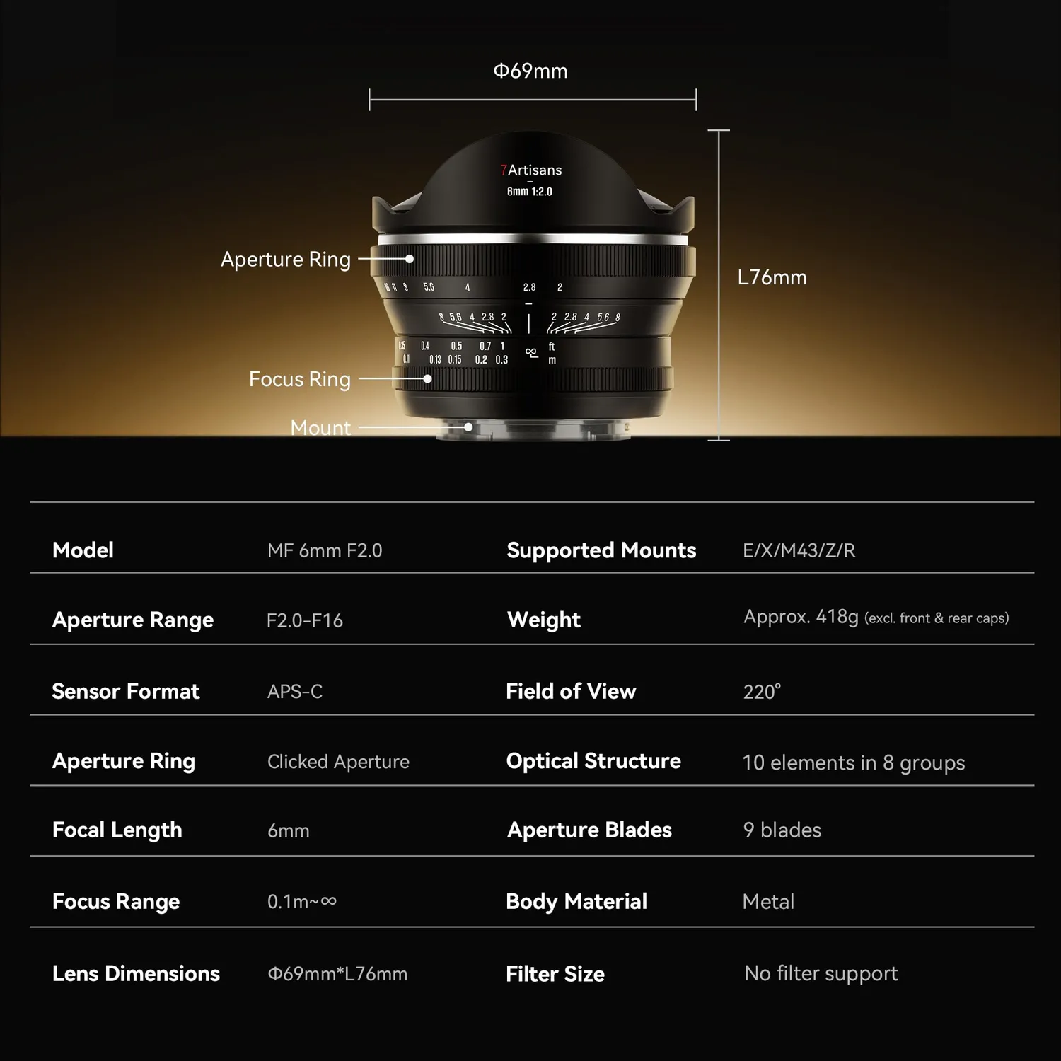 7Artisans 6mm F2.0 objectif fisheye Canon R APS-C 220°