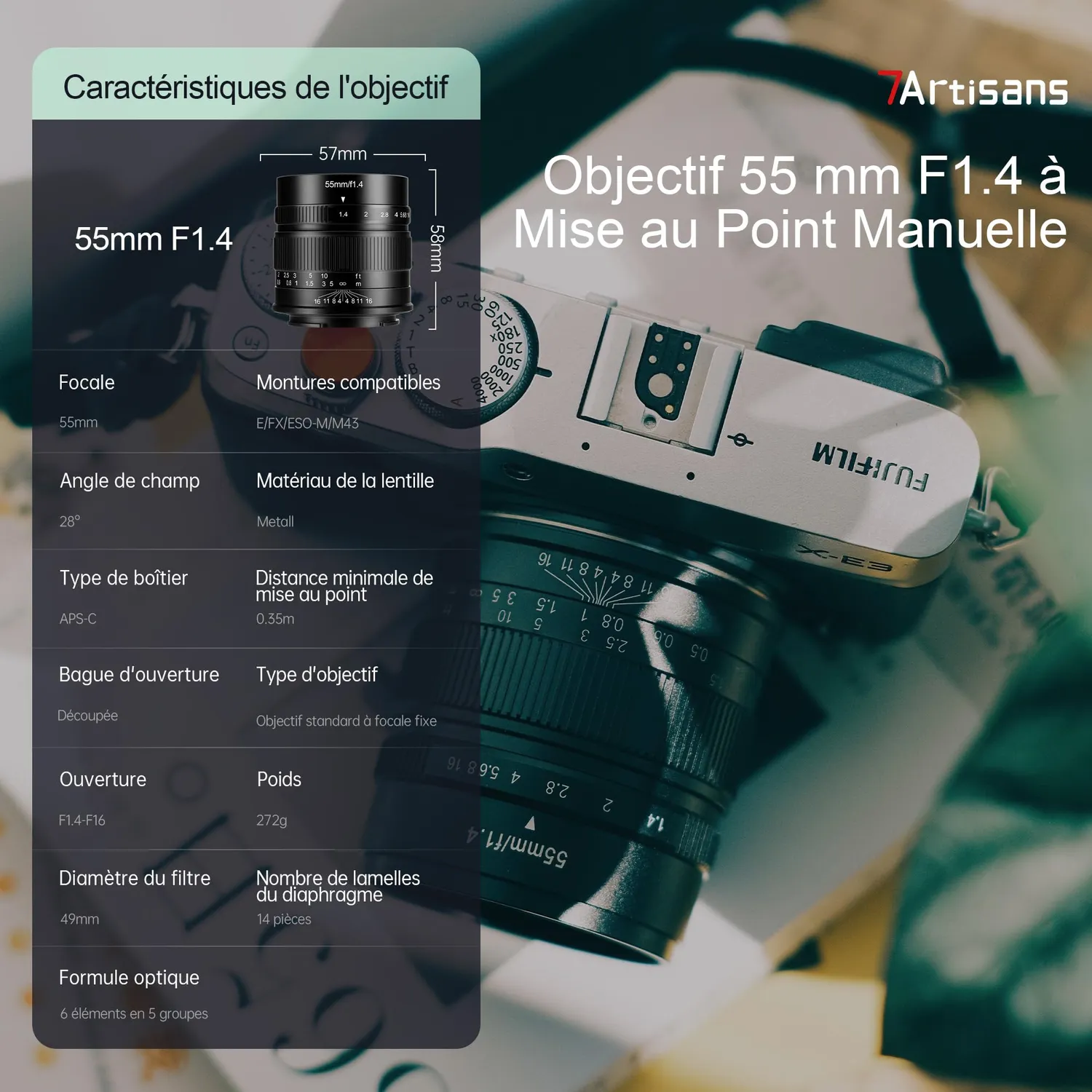 7Artisans 55mm F1.4 objectif Fuji X noir manuel