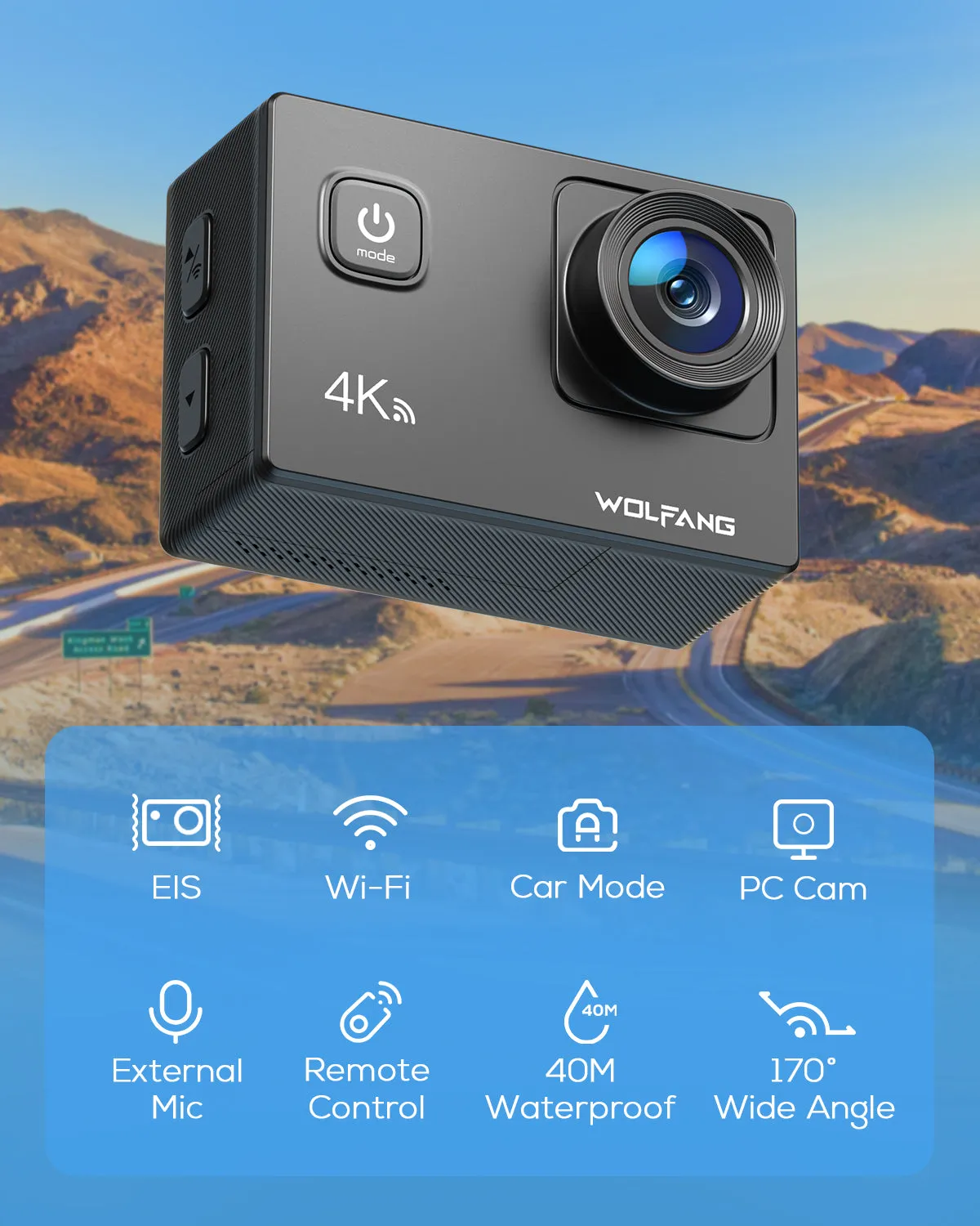 Wolfang caméra sport 4K 20MP stabilisée WiFi 170°