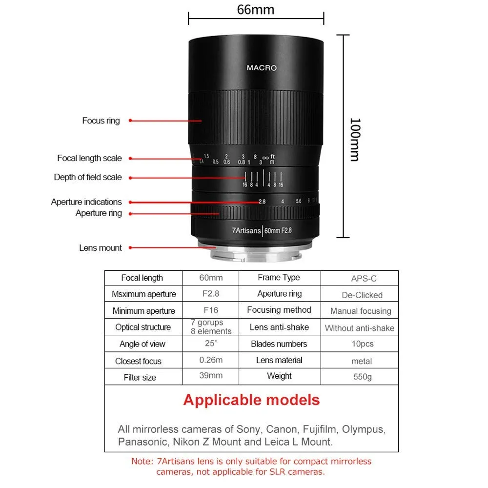 7Artisans 60mm F2.8 Objectif Macro Sony E 1:1